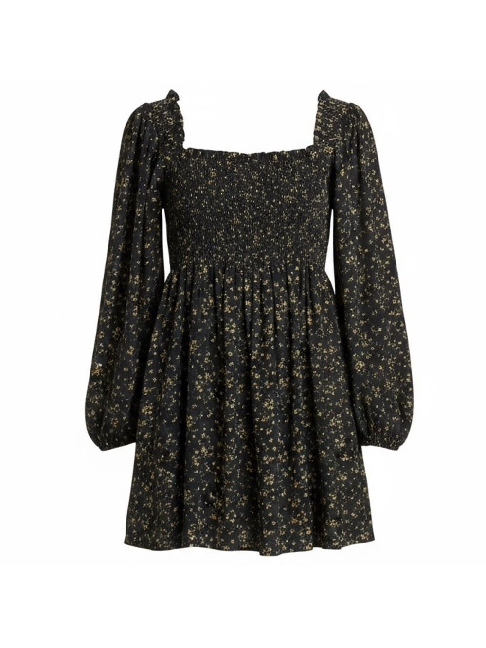 GANNI Floral Smocked Mini Dress Long Balloon Puff Sleeve Black Size 6 EUC - Picture 2 of 12